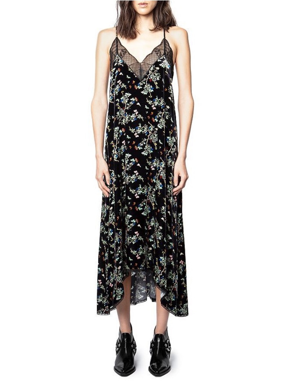 ZADIG & VOLTAIRE Risty Lace-trimmed Floral Velvet Dress In Black size XS